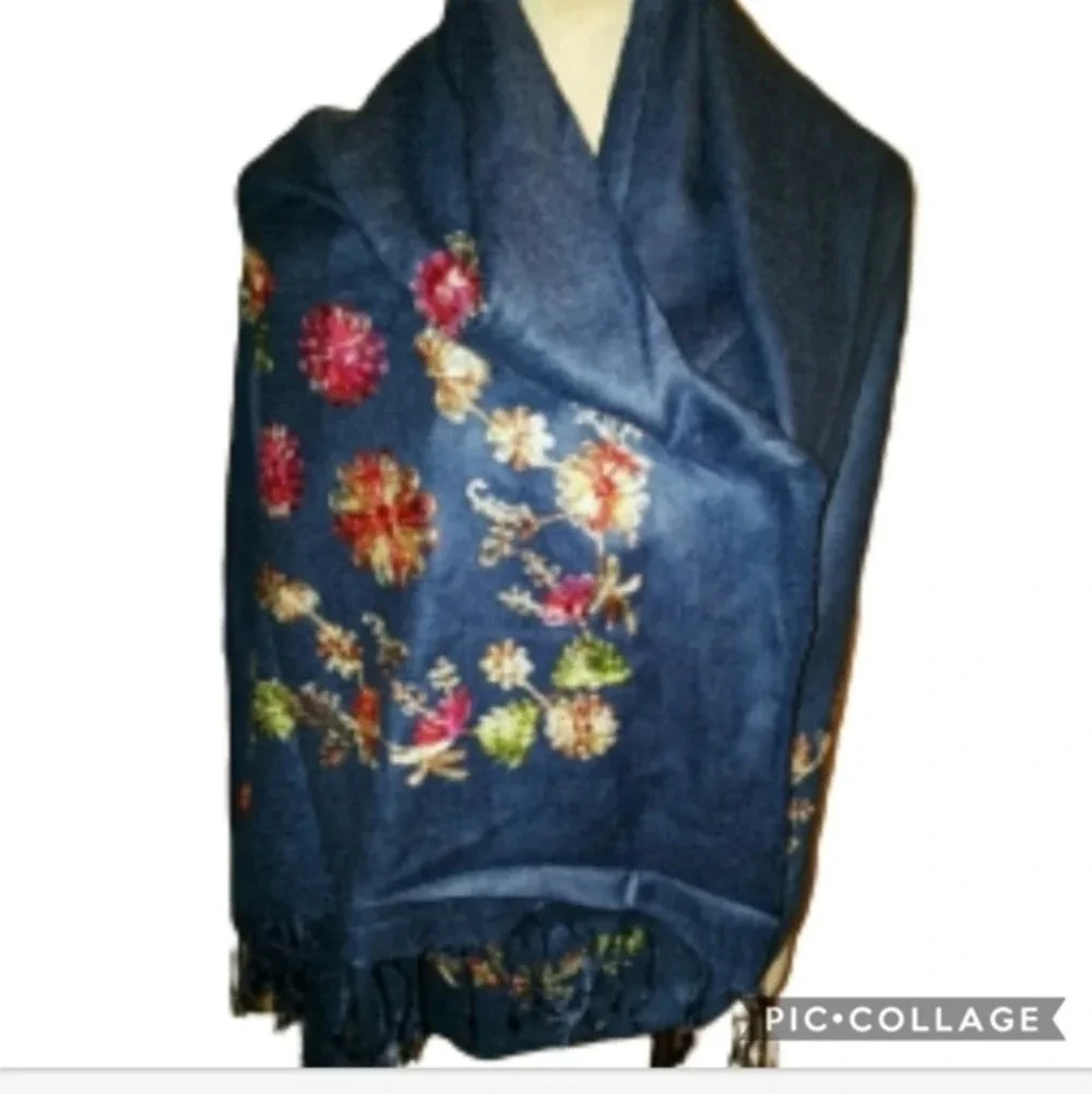 New Unbranded Navy Blue Embroidered Floral Fringe Shawl Wrap Scarf